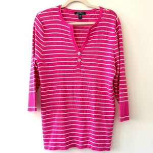 Lauren Ralph Lauren Cotton Rib Knit Hot Pink White Henley Spring Easter Coastal